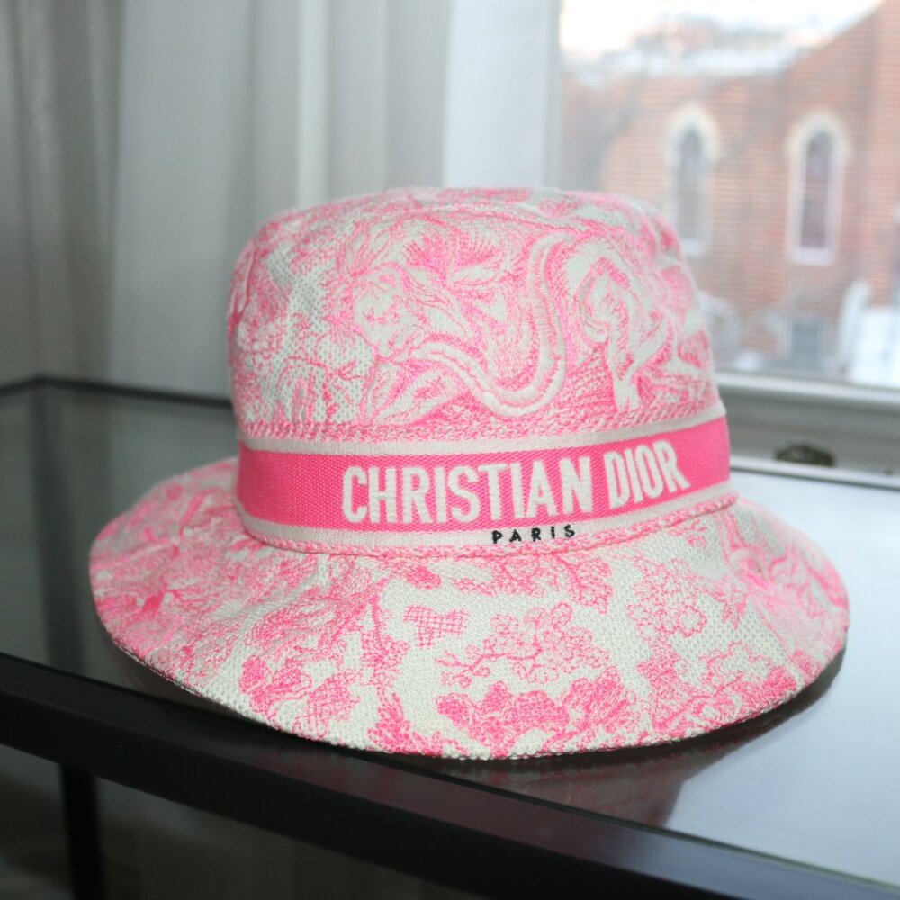 Dior Pink and White Toile Bucket Hat with Branded Band